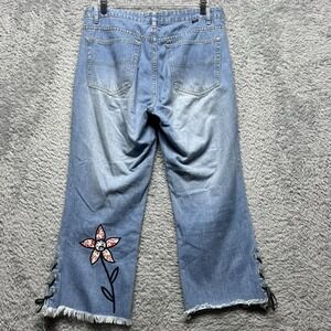 Tommy Jeans Vintage Wide Leg Crop Floral Embroidered Lace Hem Size 11 Blue Boho